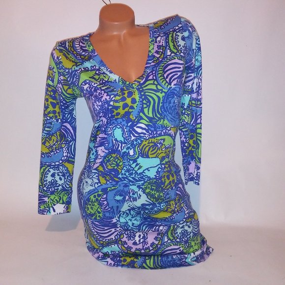 Lilly Pulitzer Shirt Dress XS Blue Green Cats V Neck Pit to Pit 17" Length 34" P - Picture 1 of 12